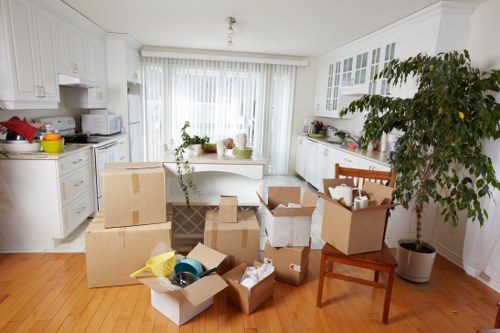 The image depicts a bright, airy kitchen with white cabinetry and a large window early morning light filtering through sheer curtains. Several cardboard boxes, some sealed and others partially open, are scattered across the light wooden floor, filled with miscellaneous household items such as plastic containers, small appliances, and packing material. A wooden chair is positioned to the right side of the scene, partially obscured by a tall, leafy potted plant that adds greenery to the space. On the kitchen counter and table, there are small appliances including a microwave, toaster, and kettle, along with decorative items like potted plants and a ceramic bowl. The scene suggests a house clearance or preparations for a move, aligning with removals services offered by Edgware Man with Van, serving the Edgware area within northwest London. The environment appears tidy yet actively in transition, with an overall sense of organized packing inside a well-kept home setting.