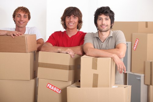 A group of three young men with light skin and casual clothing, standing behind a collection of packed cardboard moving boxes inside a residential setting, with some boxes marked as 'fragile.' The men are smiling and appear ready to assist with a house removal, with a backdrop of additional boxes and possibly a door or wall in the background. The scene suggests an indoor environment typical of a house or apartment, with natural lighting illuminating the space. The boxes vary in size and are stacked at different heights, some with tape to secure contents, indicating an organized packing process. The men are positioned in the foreground, leaning on or standing behind the boxes, reflecting a professional yet friendly attitude towards local house removals in Edgware or nearby areas, consistent with the services offered by Edgware Man with Van.